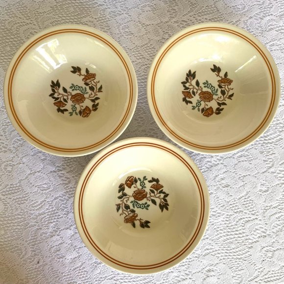 MOUNT CLEMENS Stoneware Rim Soup Bowl -Set of Three, Brown & Green Floral Center - Picture 1 of 7